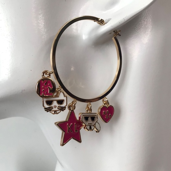 New Karl Lagerfeld Paris Gold-Tone Mixed Charm Hoop Earrings - Picture 3 of 8